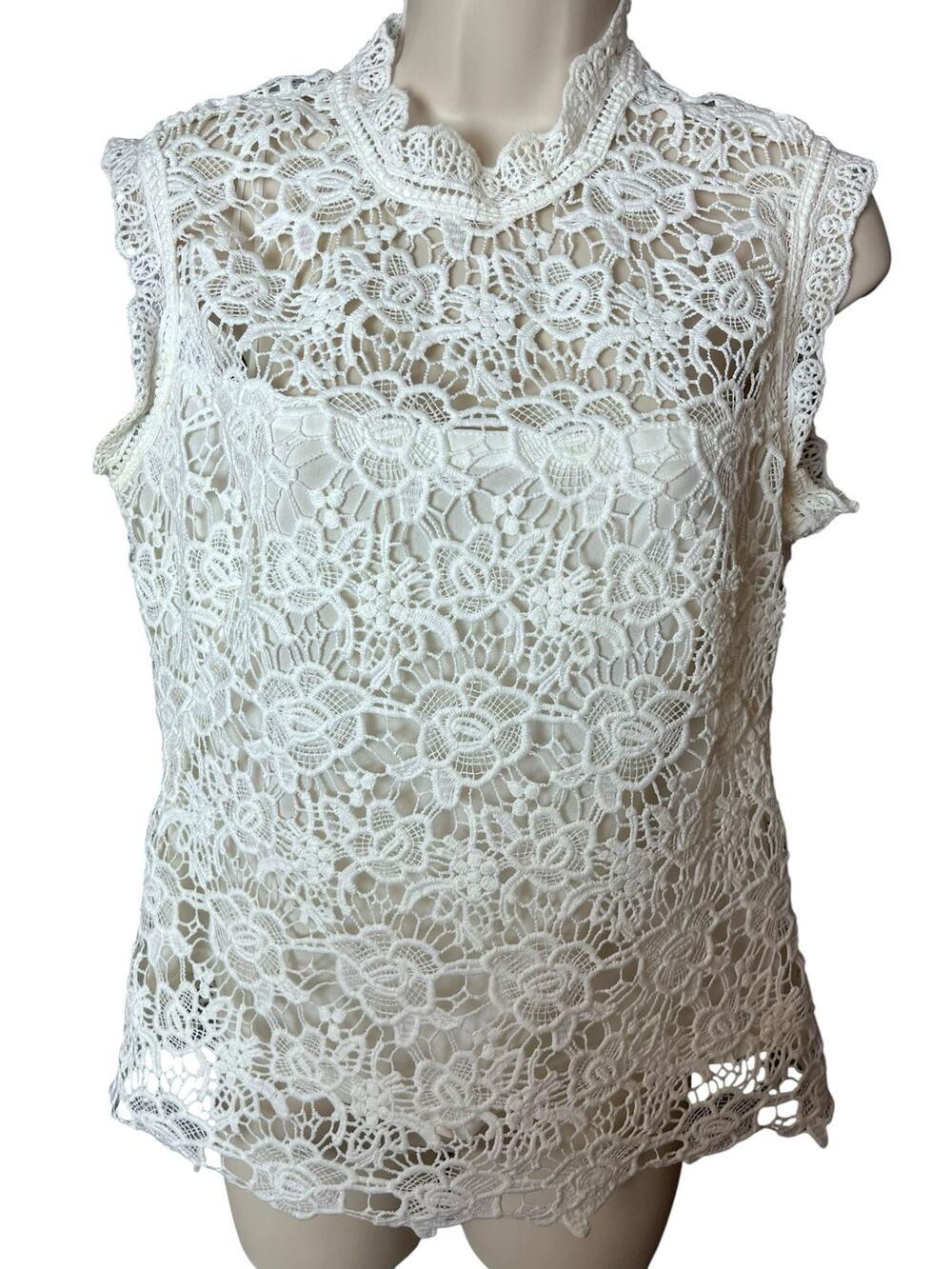 Nanette Nanette Lepore Top M Ivory Floral Lace Sleeveless High Neck Romantic